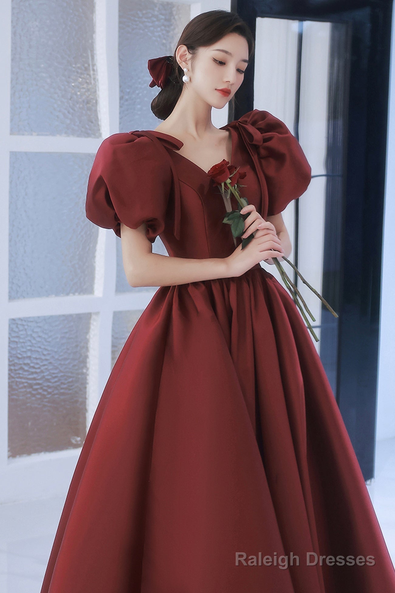 Burgundy Satin Long Prom Dresses, Lovely Puff Sleeve Evening Gown