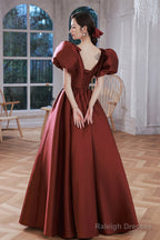 Burgundy Satin Long Prom Dresses, Lovely Puff Sleeve Evening Gown
