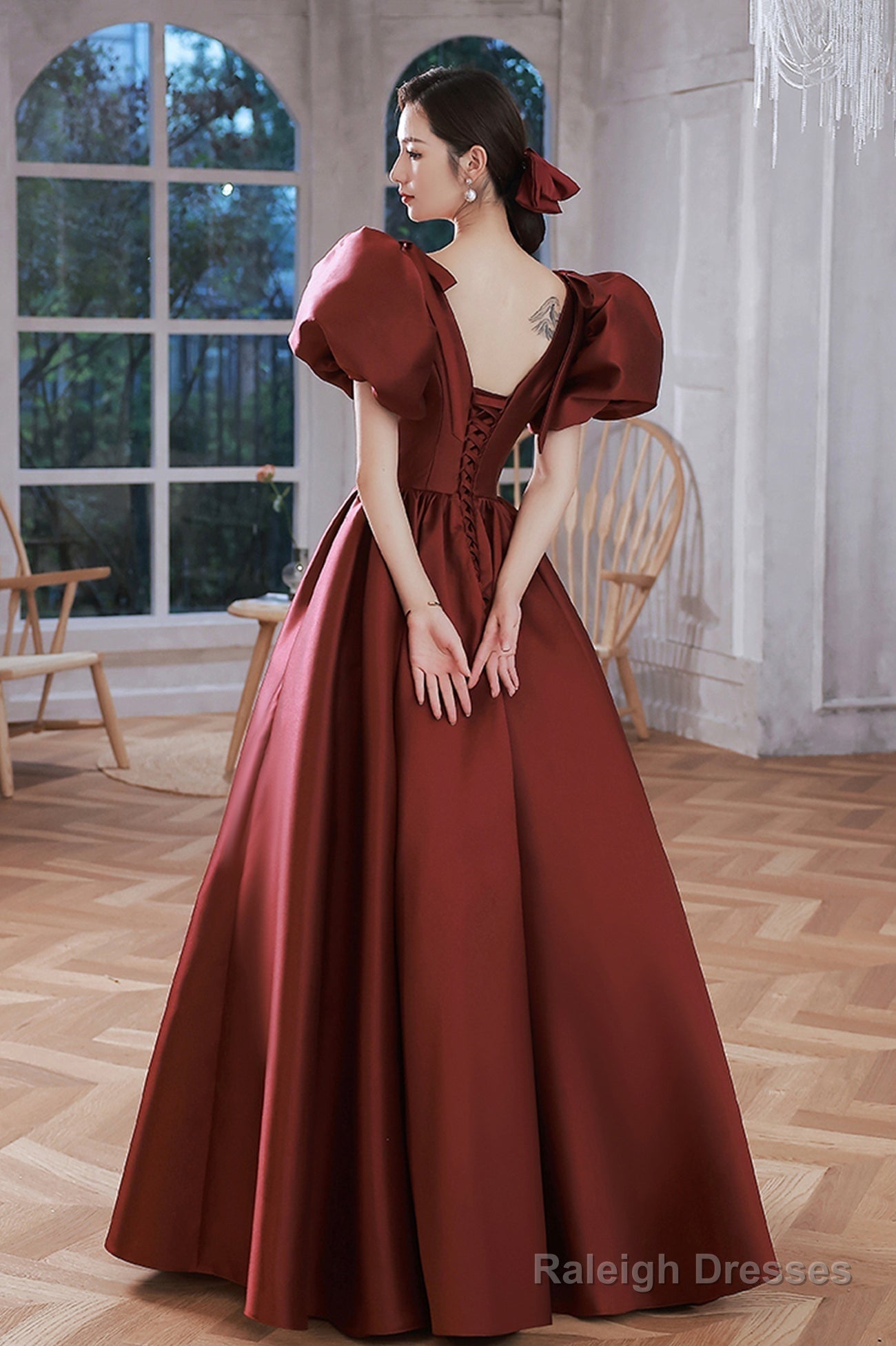 Burgundy Satin Long Prom Dresses, Lovely Puff Sleeve Evening Gown