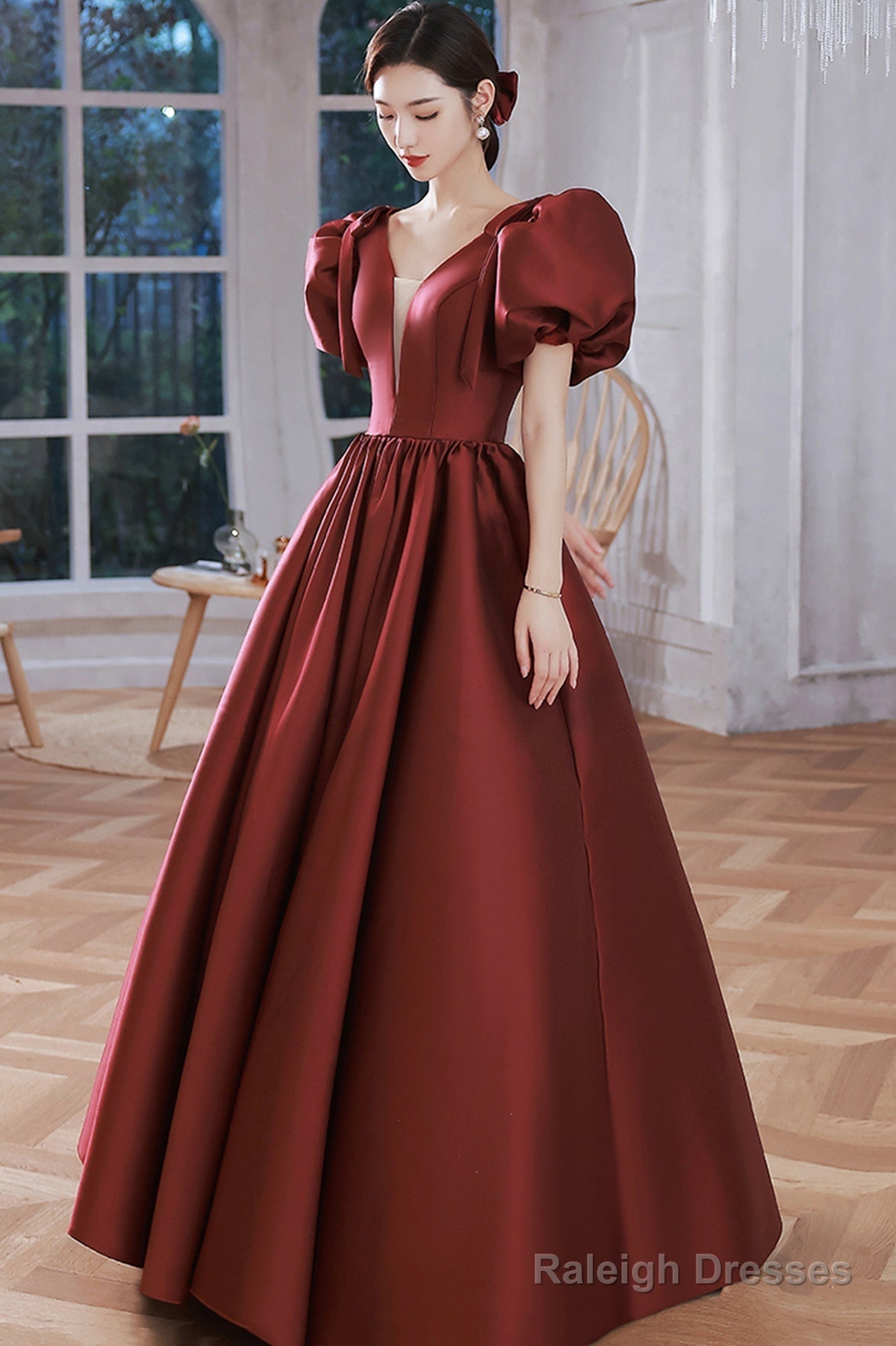 Burgundy Satin Long Prom Dresses, Lovely Puff Sleeve Evening Gown Main image