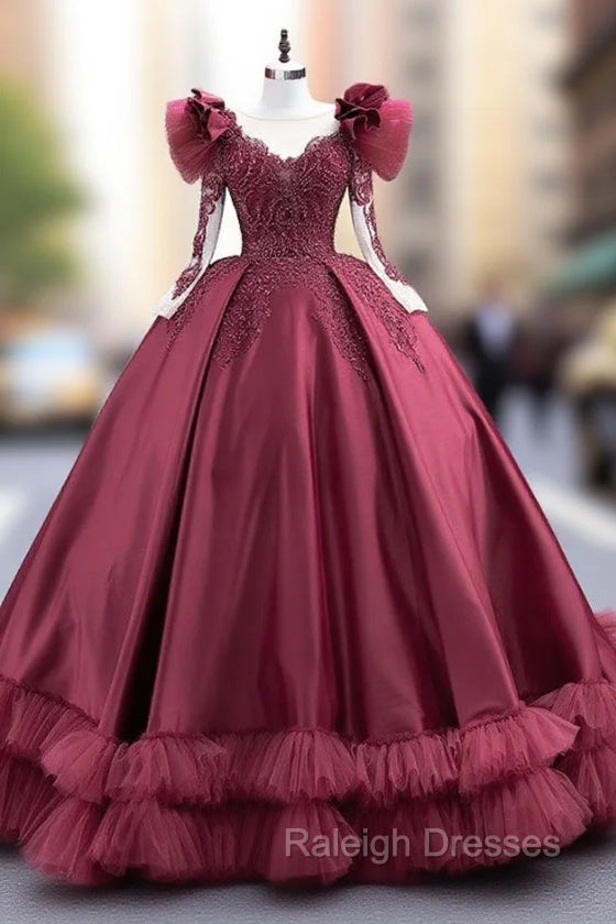 Burgundy Satin Long Sleeve Beading Prom Dress Main image