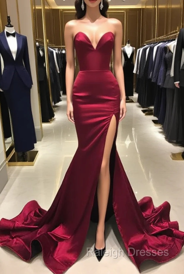 Burgundy Satin Mermaid Long Sweetheart Evening Dress Burgundy Prom Dress prom dresses shops Main image