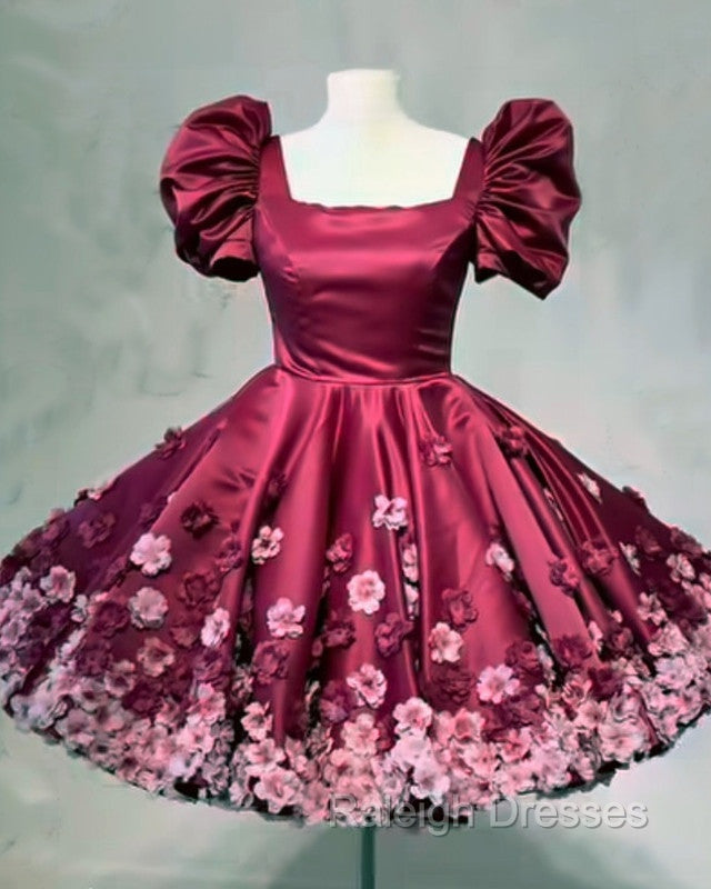 Burgundy Satin Mini Dress With 3D Flowers Secondary image