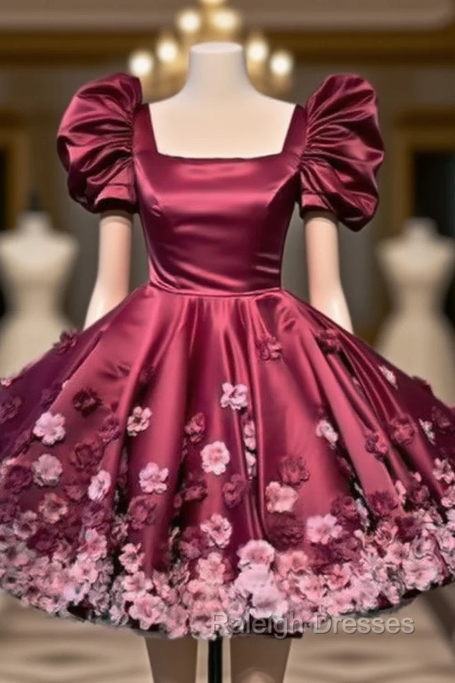 Burgundy Satin Mini Dress With 3D Flowers