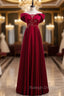 Burgundy Satin Off the Shoulder Appliques Beading Prom Dress