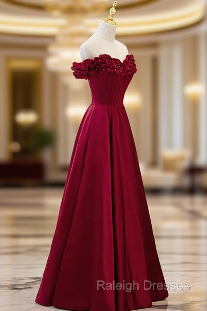 Burgundy Satin Off the Shoulder Beaded Long Formal Dress, Burgundy A-Line Prom Dress Main image