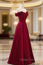 Burgundy Satin Off the Shoulder Beaded Long Formal Dress, Burgundy A-Line Prom Dress