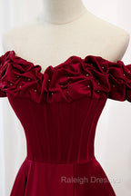 Burgundy Satin Off the Shoulder Beaded Long Prom Dresses Burgundy A Line Prom Dresses