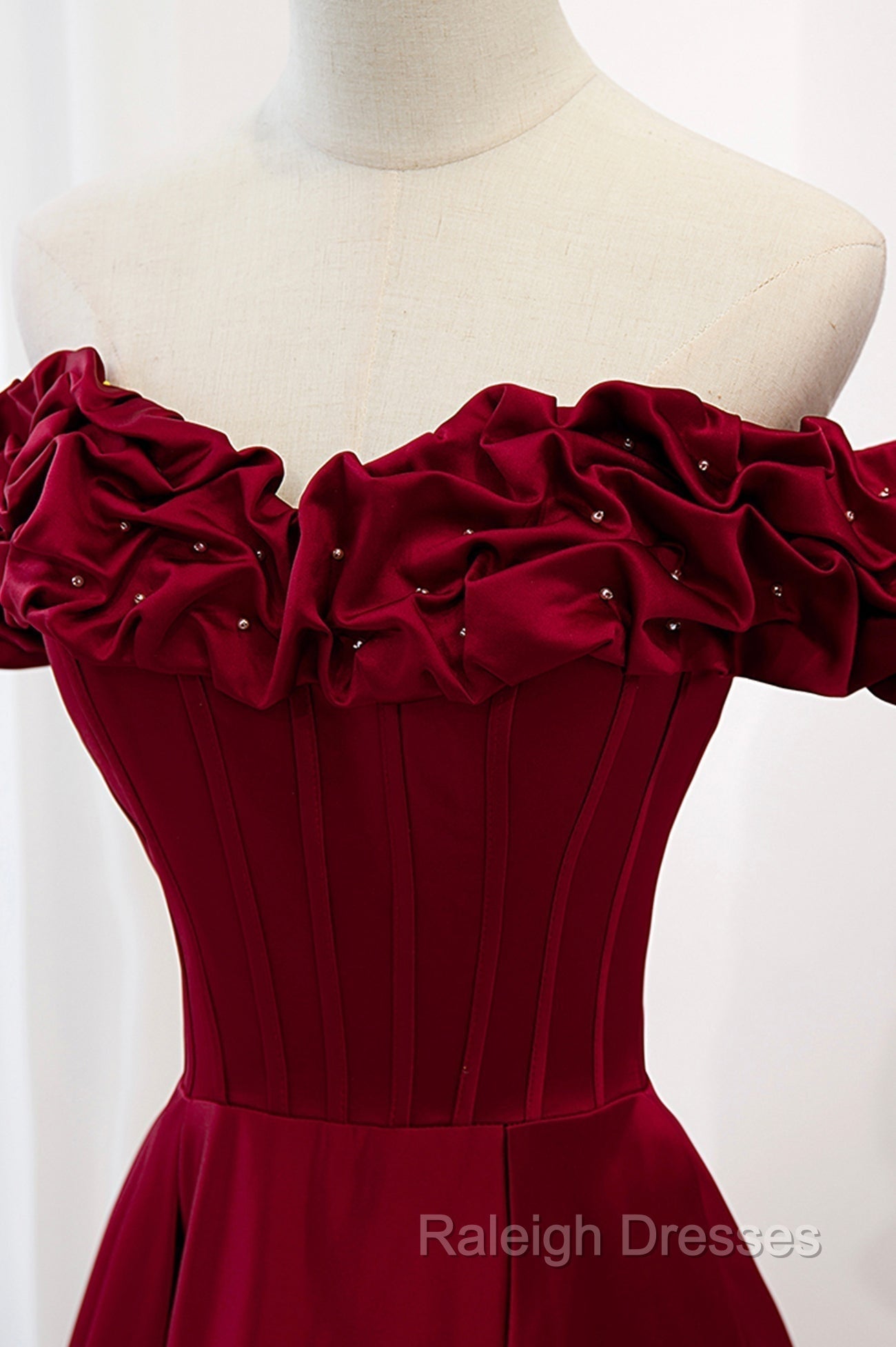 Burgundy Satin Off the Shoulder Beaded Long Prom Dresses Burgundy A Line Prom Dresses