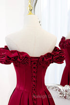 Burgundy Satin Off the Shoulder Beaded Long Prom Dresses Burgundy A Line Prom Dresses