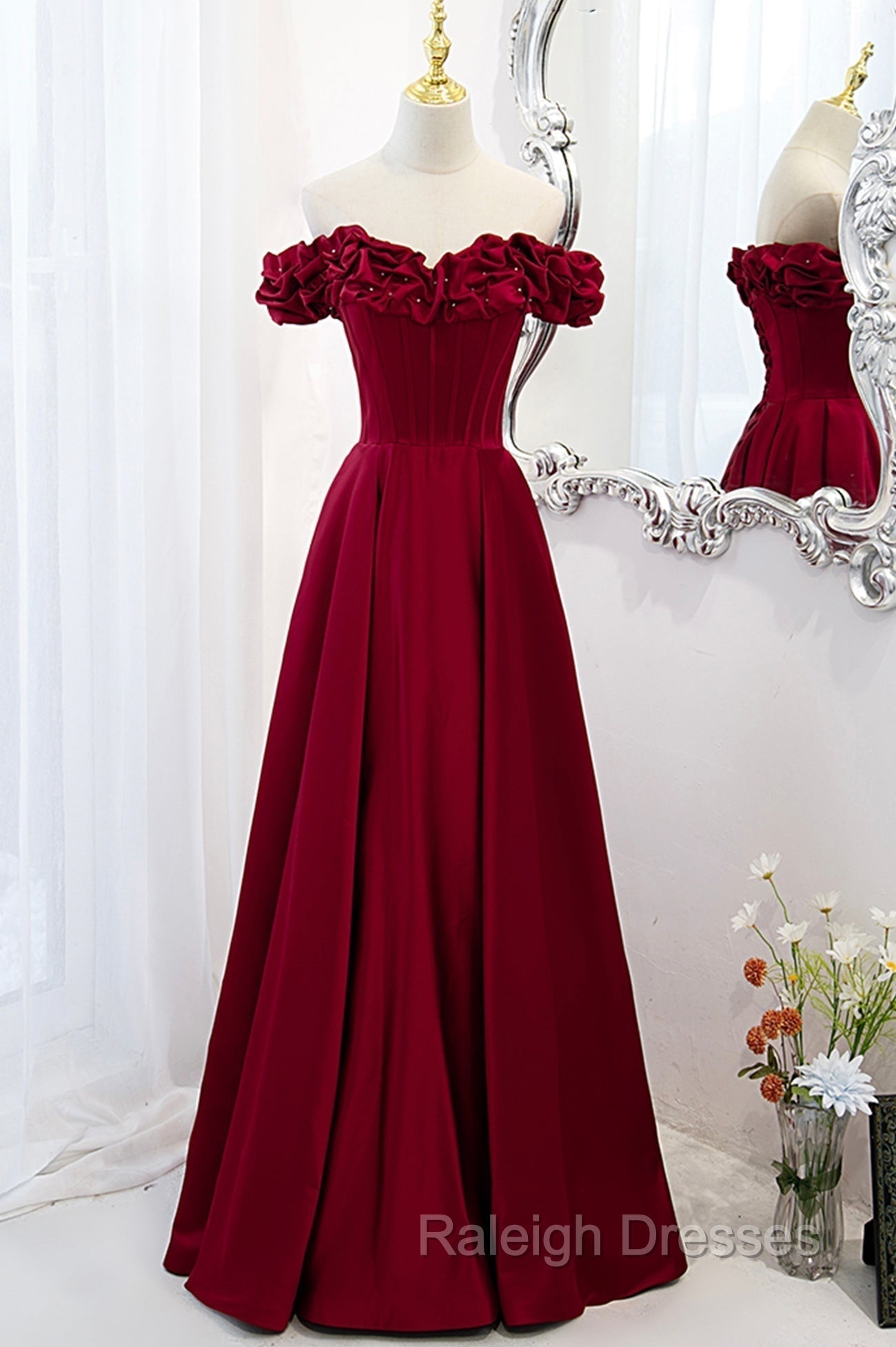 Burgundy Satin Off the Shoulder Beaded Long Prom Dresses Burgundy A Line Prom Dresses