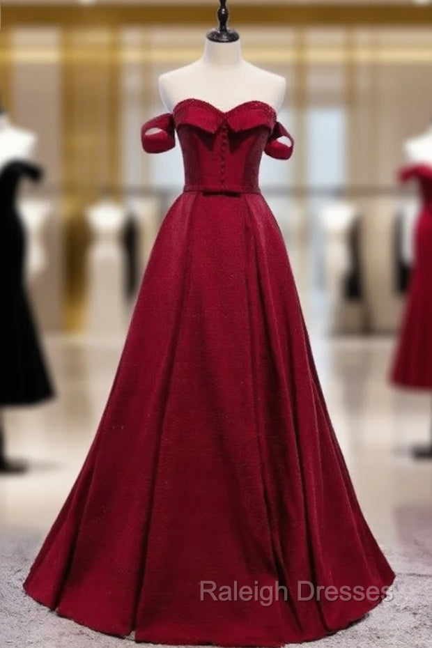 Burgundy Satin Off the Shoulder Beading Prom Dress Main image