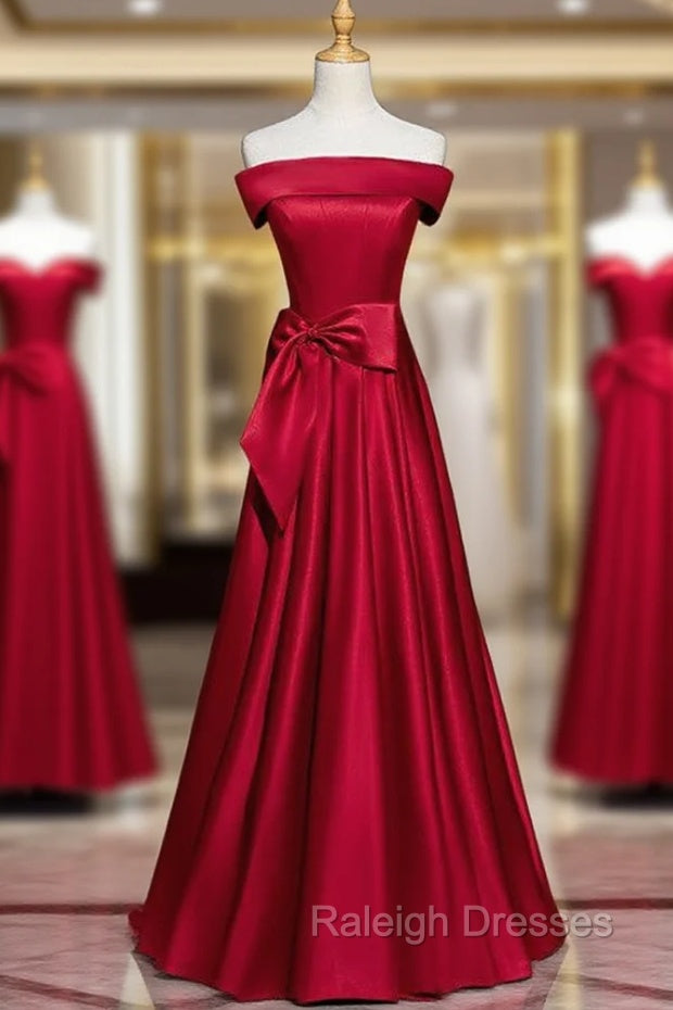 Burgundy Satin Off the Shoulder Bow Prom Dress Main image