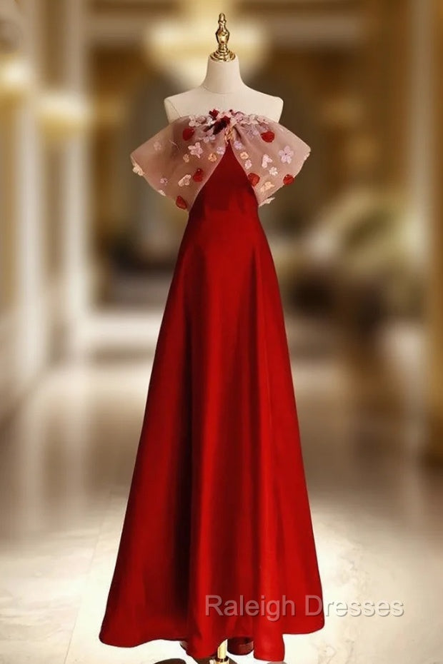 Burgundy Satin Off the Shoulder Flower Prom Dress Main image