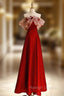 Burgundy Satin Off the Shoulder Flower Prom Dress