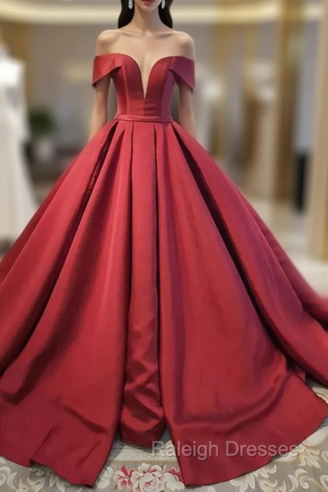 Burgundy Satin Off the Shoulder Formal Prom Dress Main image