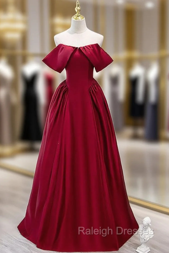 Burgundy Satin Off the Shoulder Long Prom Dress Main image