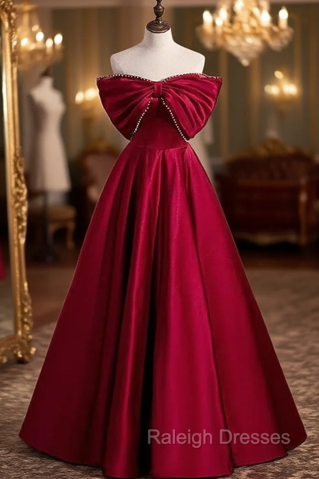 Burgundy Satin Off the Shoulder Pearls Bow Prom Dress Main image
