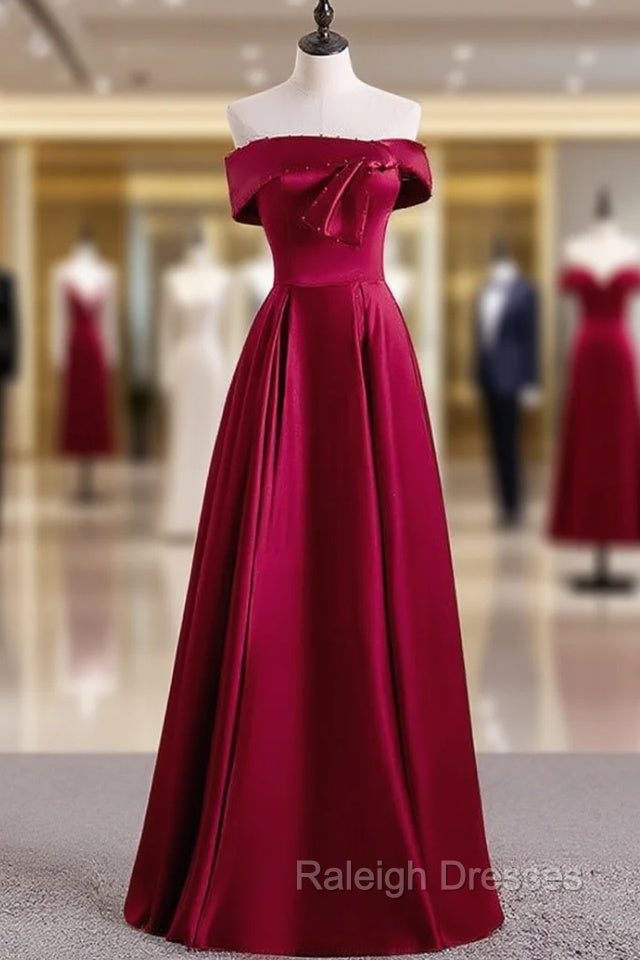Burgundy Satin Off the Shoulder Pearls Prom Dress Main image