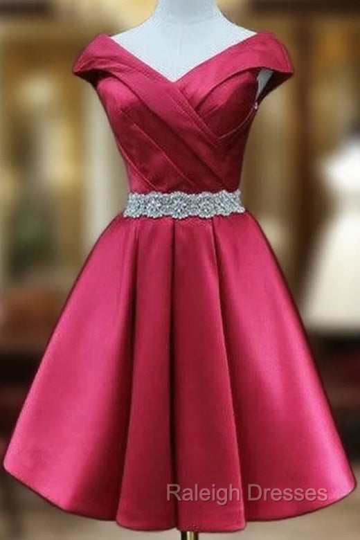 Burgundy Satin Off the Shoulder Pleats Beading Homecoming Dress Main image