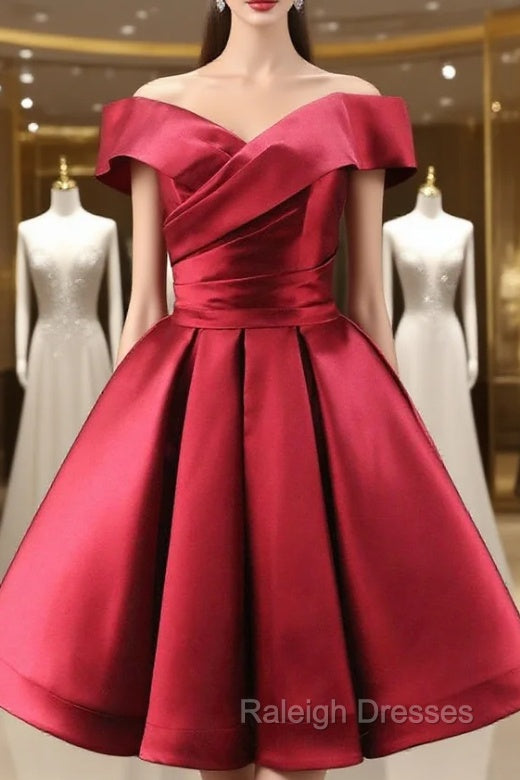 Burgundy Satin Off the Shoulder Pleats Homecoming Dress