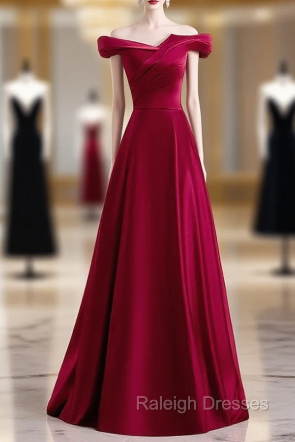 Burgundy Satin Off the Shoulder Pleats Long Prom Dress
