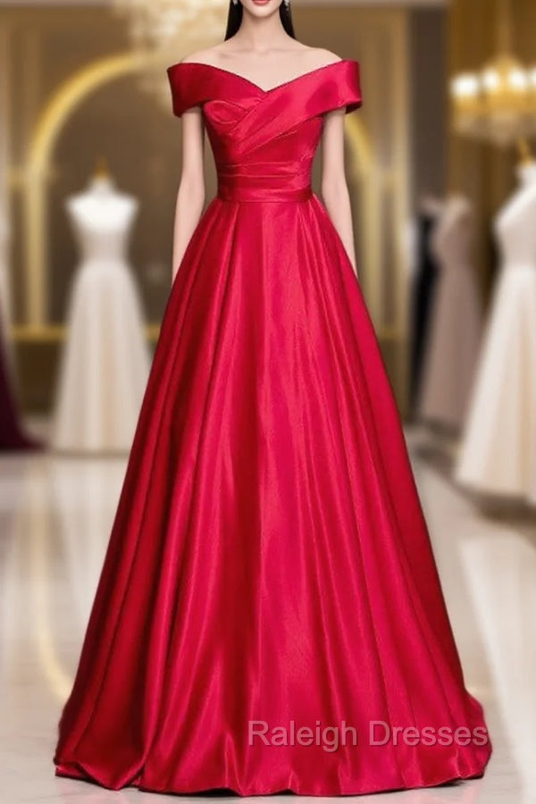 Burgundy Satin Off the Shoulder Pleats Prom Dress