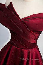 Burgundy Satin Off the Shoulder Prom Dress, A Line Prom Graduation Dress