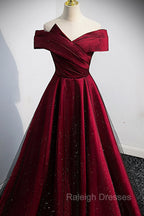 Burgundy Satin Off the Shoulder Prom Dress, A Line Prom Graduation Dress