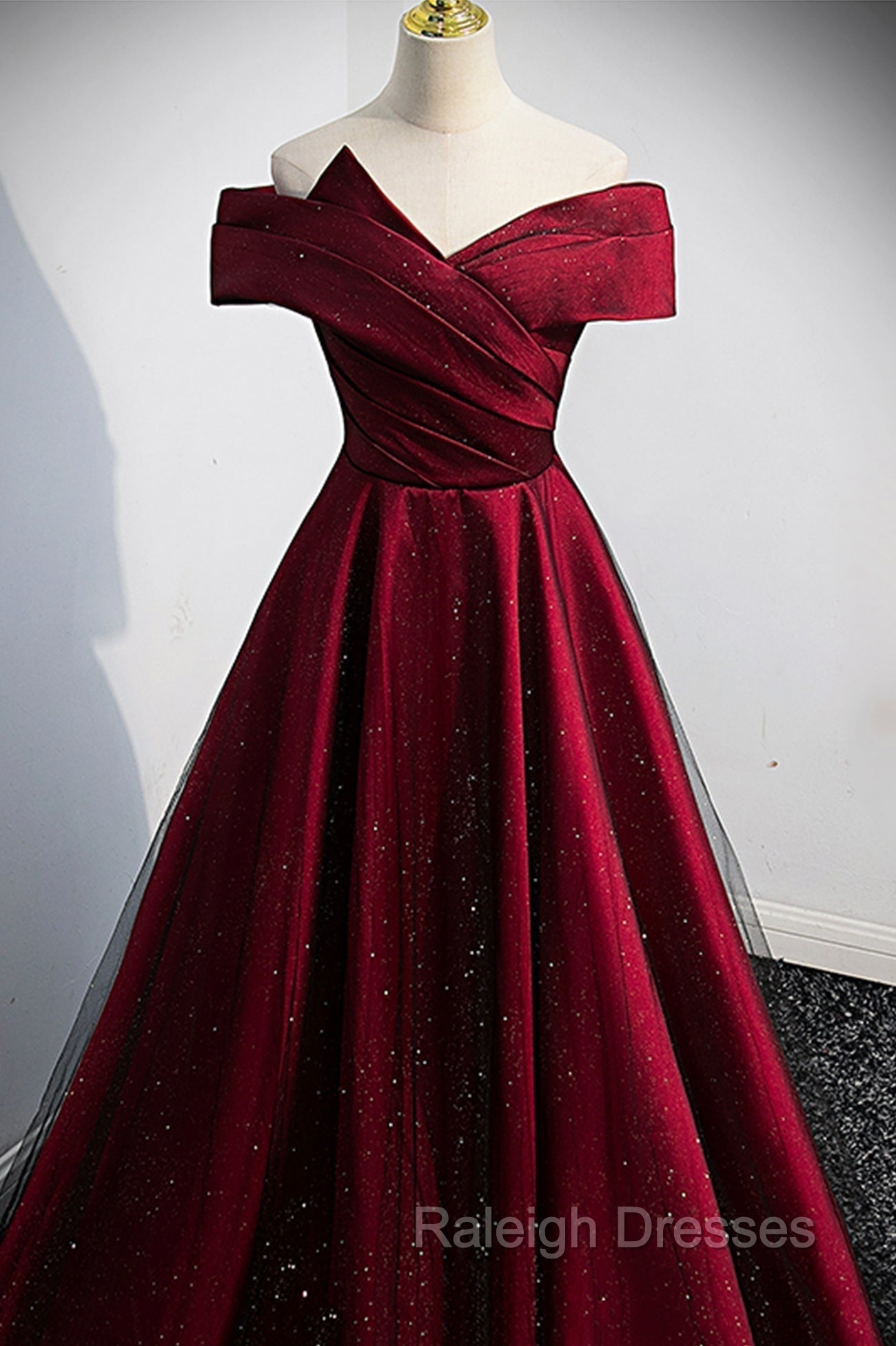 Burgundy Satin Off the Shoulder Prom Dress, A Line Prom Graduation Dress