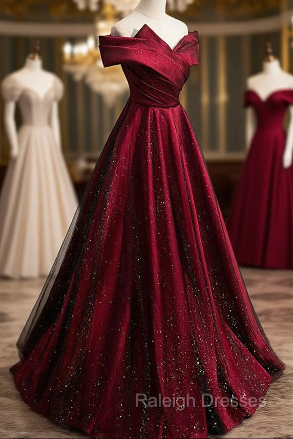 Burgundy Satin Off the Shoulder Prom Dress, A-Line Evening Graduation Dress