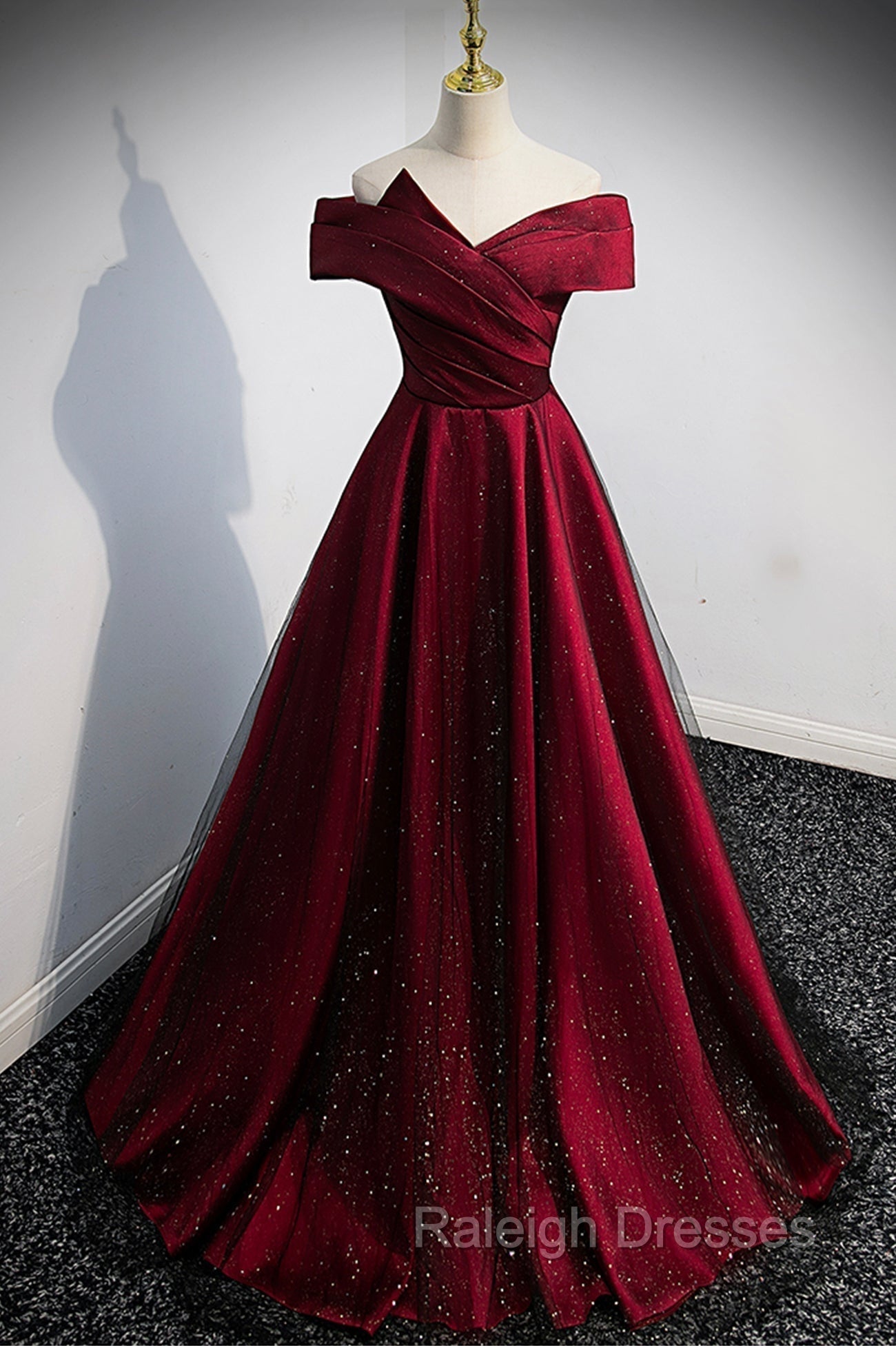 Burgundy Satin Off the Shoulder Prom Dress, A Line Prom Graduation Dress