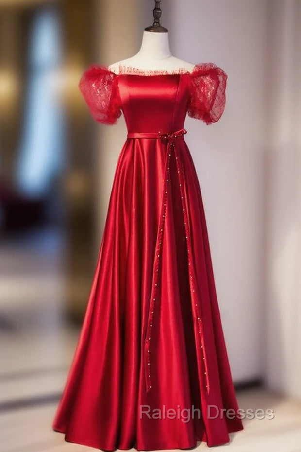 Burgundy Satin Off the Shoulder Puff Sleeve Beading Prom Dress