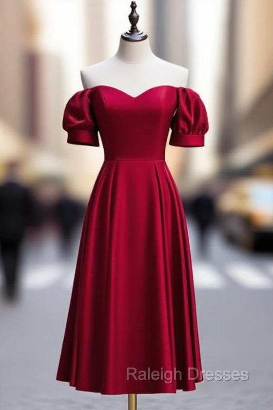 Burgundy Satin Off the Shoulder Puff Sleeve Prom Dress Main image