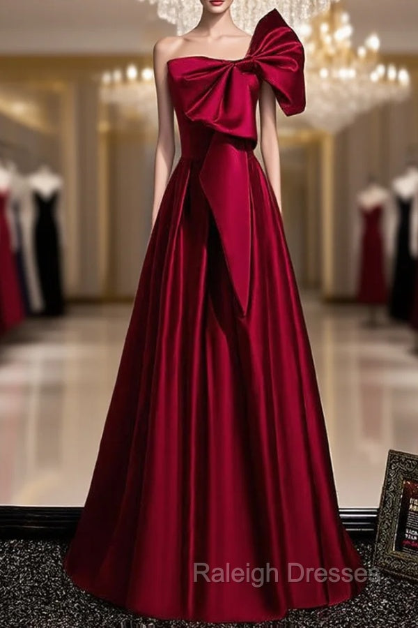 Burgundy Satin One Shoulder Bow Prom Dress Main image