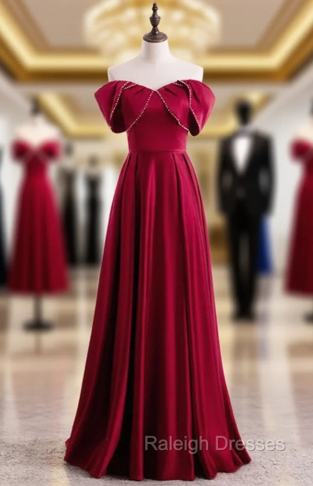 Burgundy Satin Pleats Off the Shoulder Pearls Prom Dress Main image
