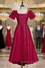 Burgundy Satin Puff Sleeve Backless Prom Dress