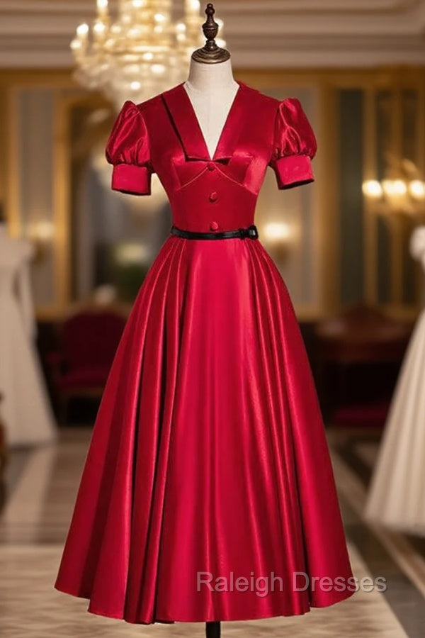 Burgundy Satin Puff Sleeve Backless Short Prom Dress Main image