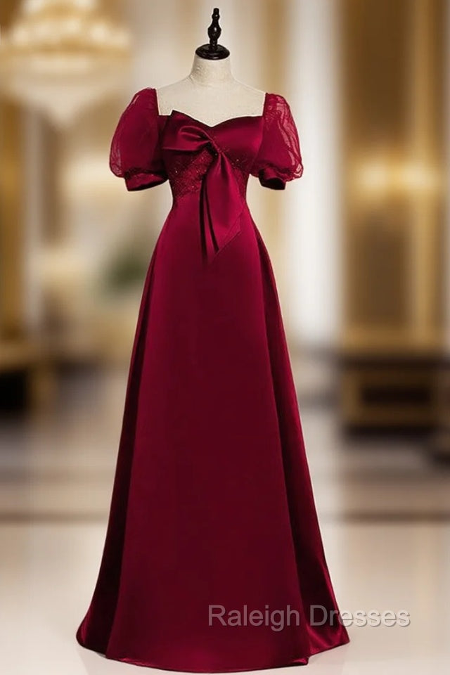 Burgundy Satin Puff Sleeve Beading Bow Prom Dress