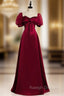 Burgundy Satin Puff Sleeve Beading Bow Prom Dress