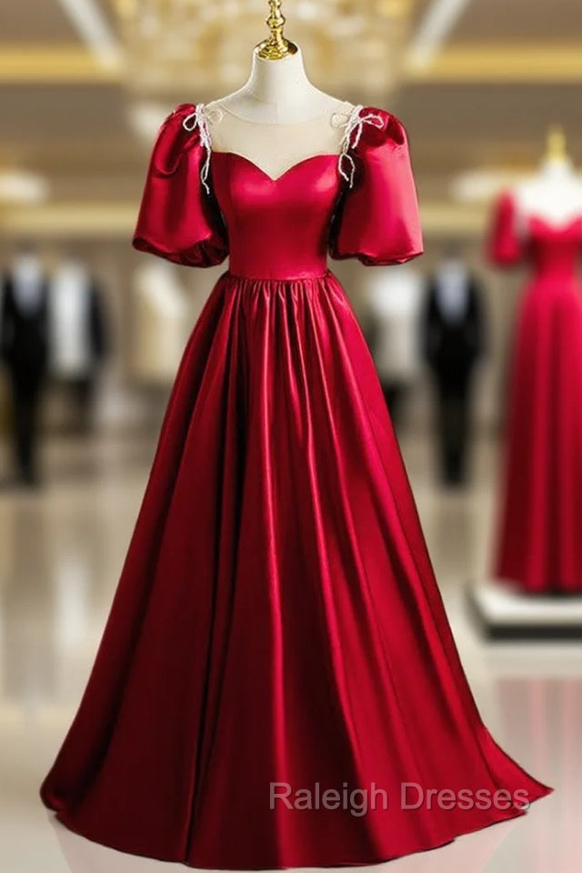 Burgundy Satin Puff Sleeve Beading Prom Dress Main image