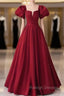 Burgundy Satin Puff Sleeve Pleats Prom Dress