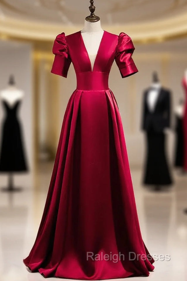 Burgundy Satin Puff Sleeve V-neck Backless Prom Dress Main image