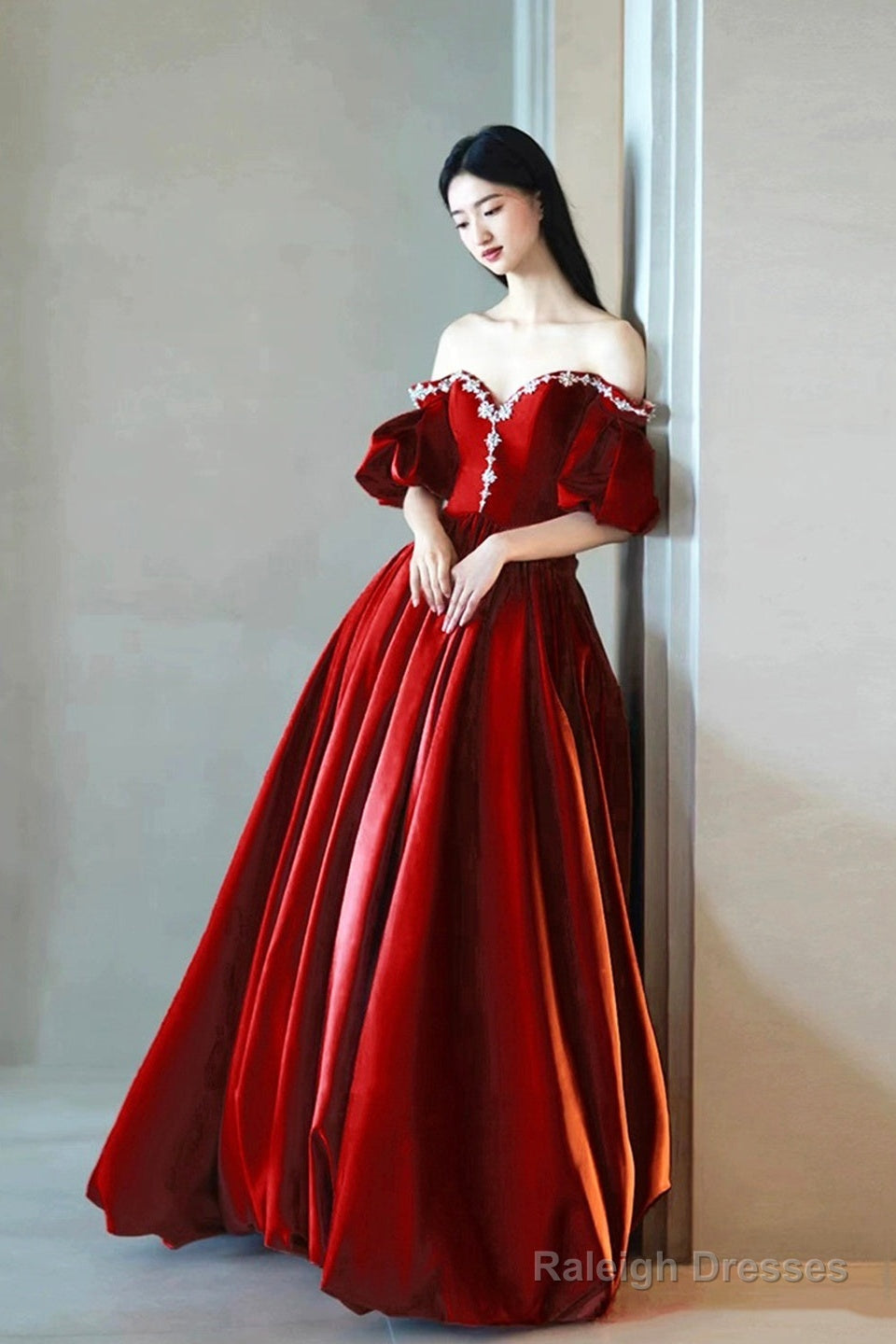 Burgundy Satin Rhinestone Floor Length Prom Dress, A-Line Off-The-Shoulder Princess Party Dress Secondary image