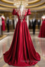 Burgundy Satin Sequins Beading Short Sleeve Prom Dress