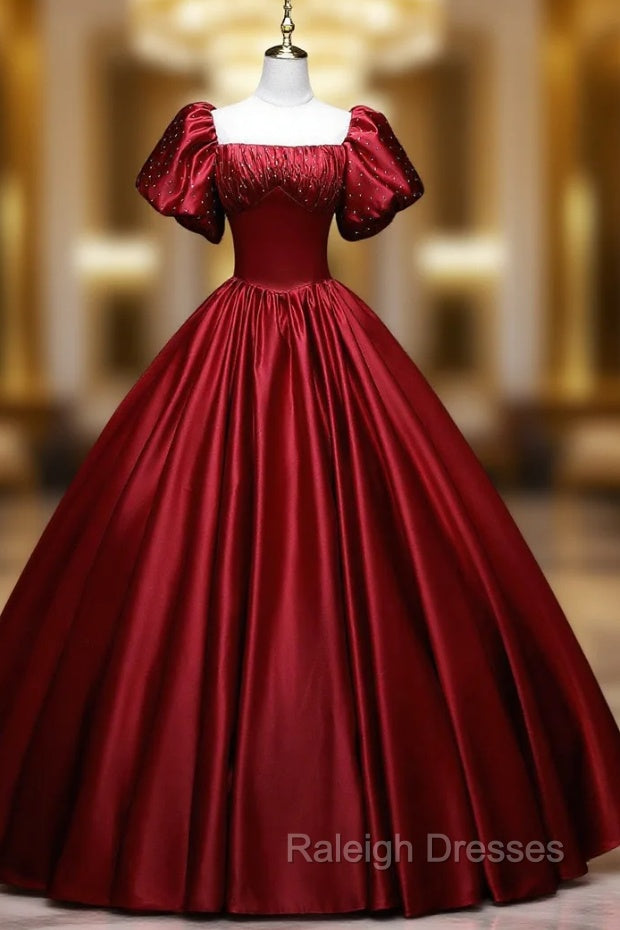 Burgundy Satin Sequins Puff Sleeve Quinceanera Dress Main image