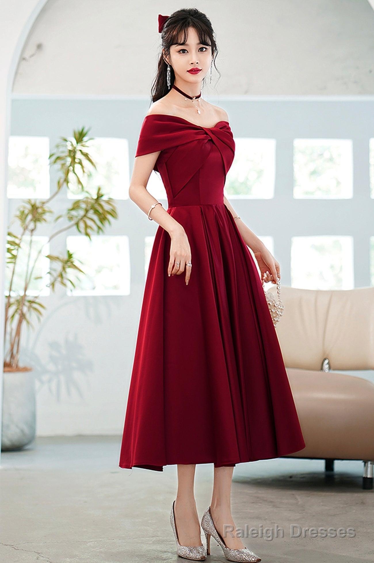 Burgundy Satin Short A-Line Prom Dress, Off The Shoulder Homecoming Party Dress