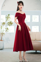 Burgundy Satin Short A-Line Prom Dresses Off The Shoulder Homecoming Prom Dresses