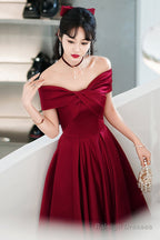 Burgundy Satin Short A-Line Prom Dresses Off The Shoulder Homecoming Prom Dresses