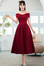 Burgundy Satin Short A-Line Prom Dress, Off The Shoulder Homecoming Party Dress